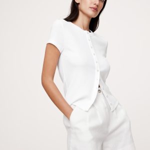 Ribbed Short-Sleeve Button-Down Top