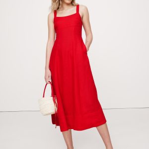 Linen Square-Neck Midi Dress