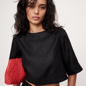 Linen Boat-Neck Cropped Top