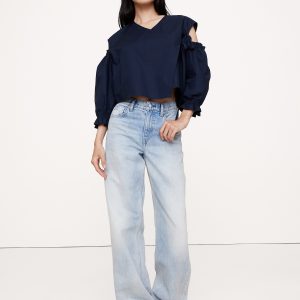 Cotton Poplin Puff-Sleeve Cropped Top