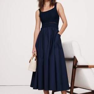 Crochet & Cotton Poplin Mixed-Media Midi Dress