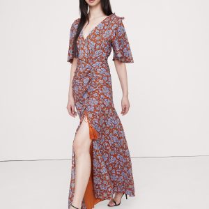 Stretch-Crepe Flutter-Sleeve Maxi Dress