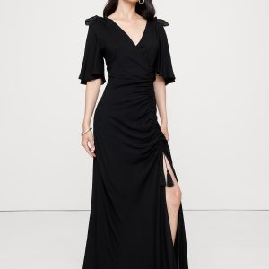 Stretch-Crepe Flutter-Sleeve Maxi Dress