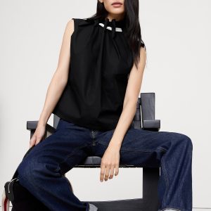 Cotton Poplin Cinch-Neck Top