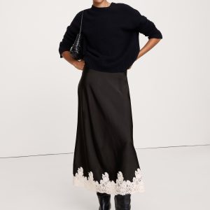Stretch-Satin Lace-Hem Midi Skirt