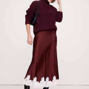 Stretch-Satin Lace-Hem Midi Skirt