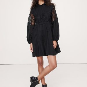 Cotton & Lace Mock-Neck Dress with Removable Belt Bag